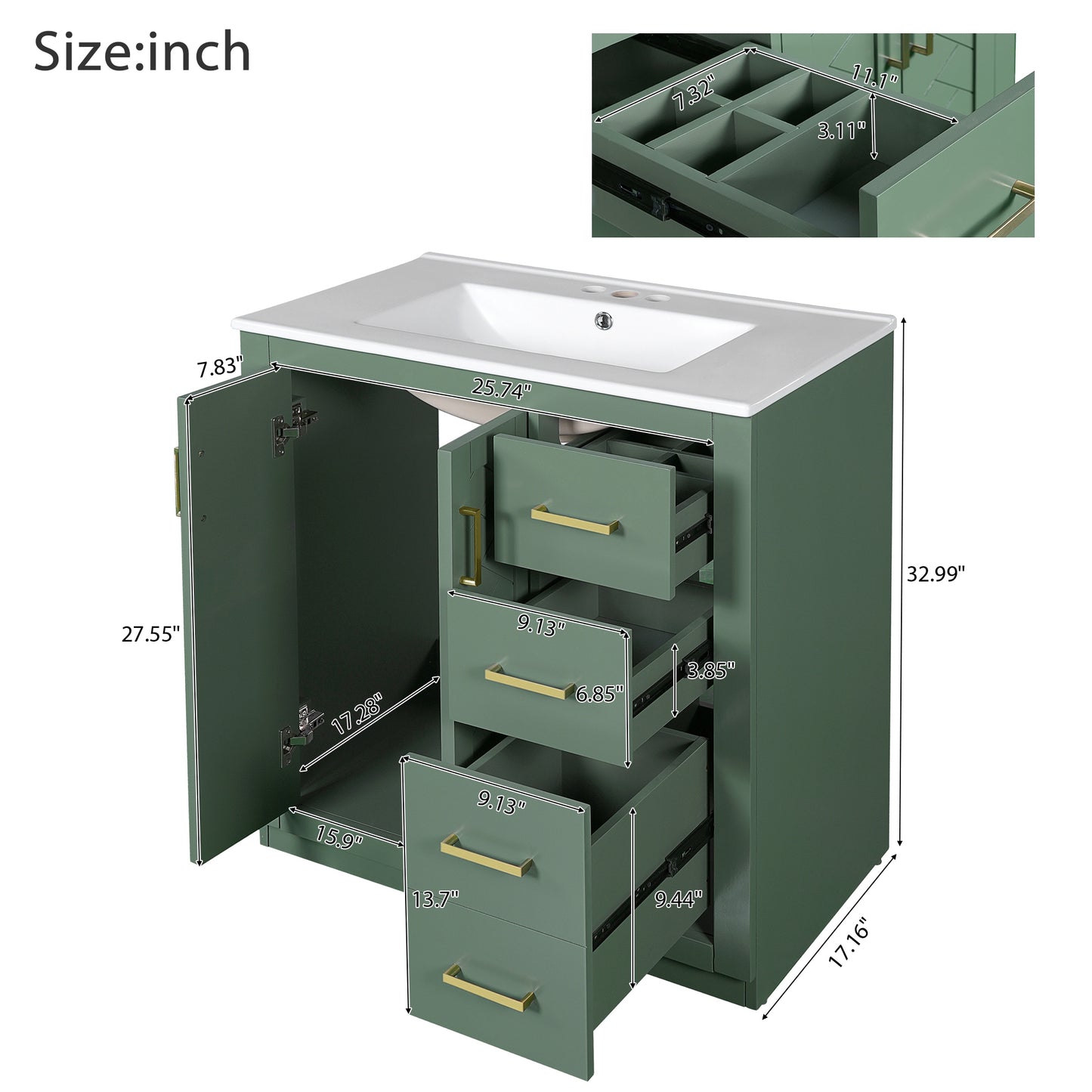VanityFus 30-in Green Bathroom Vanity Single Sink Combo with Ceramic Top Undermount 2 Soft Close Doors 3 Drawers