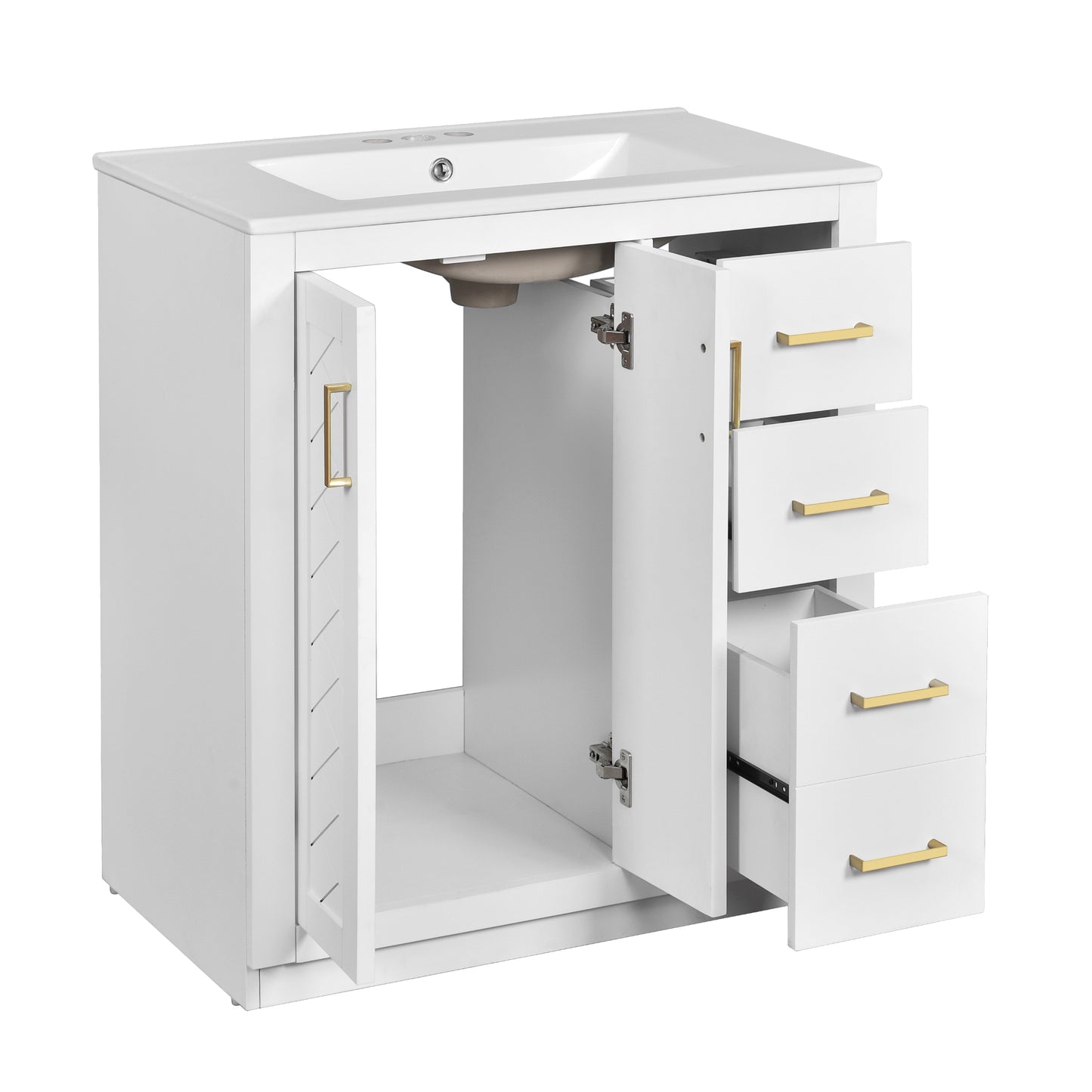 VanityFus 30-in White Bathroom Vanity Single Sink Combo with Ceramic Top Undermount 2 Soft Close Doors 3 Drawers