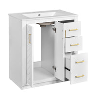 VanityFus 30-in White Bathroom Vanity Single Sink Combo with Ceramic Top Undermount 2 Soft Close Doors 3 Drawers