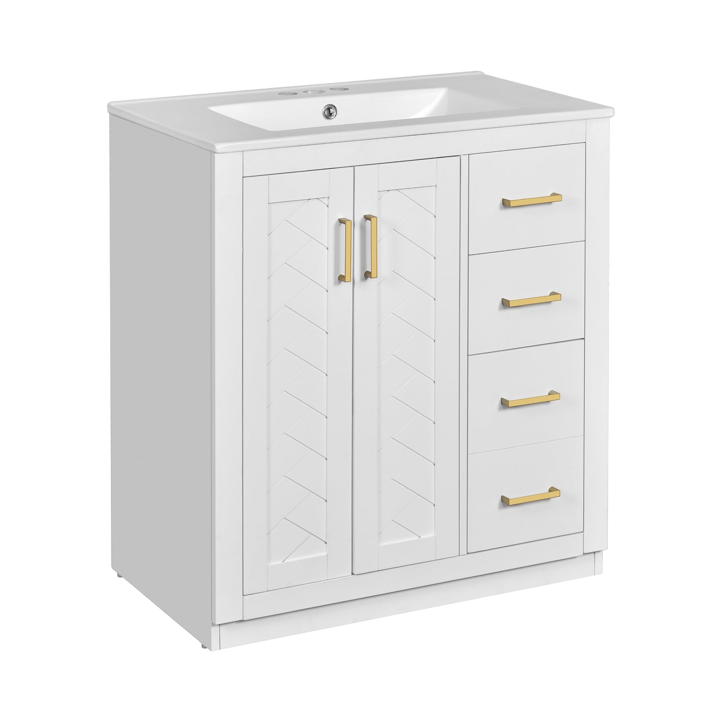 VanityFus 30-in White Bathroom Vanity Single Sink Combo with Ceramic Top Undermount 2 Soft Close Doors 3 Drawers