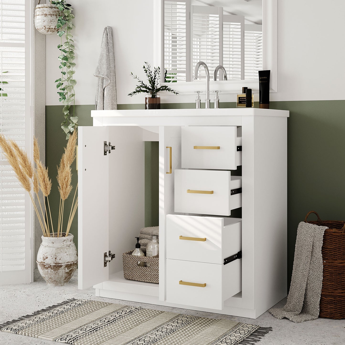 VanityFus 30-in White Bathroom Vanity Single Sink Combo with Ceramic Top Undermount 2 Soft Close Doors 3 Drawers