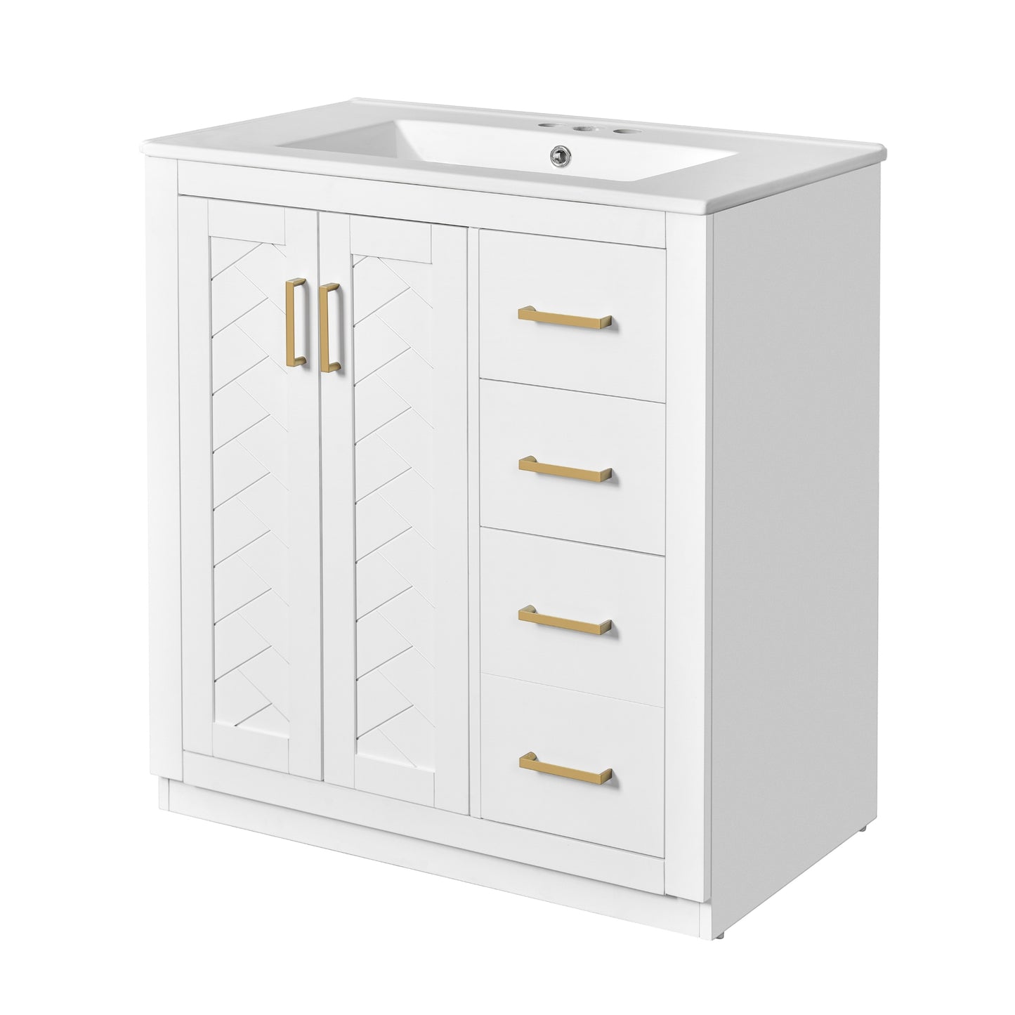 VanityFus 30-in White Bathroom Vanity Single Sink Combo with Ceramic Top Undermount 2 Soft Close Doors 3 Drawers