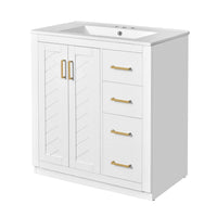 VanityFus 30-in White Bathroom Vanity Single Sink Combo with Ceramic Top Undermount 2 Soft Close Doors 3 Drawers