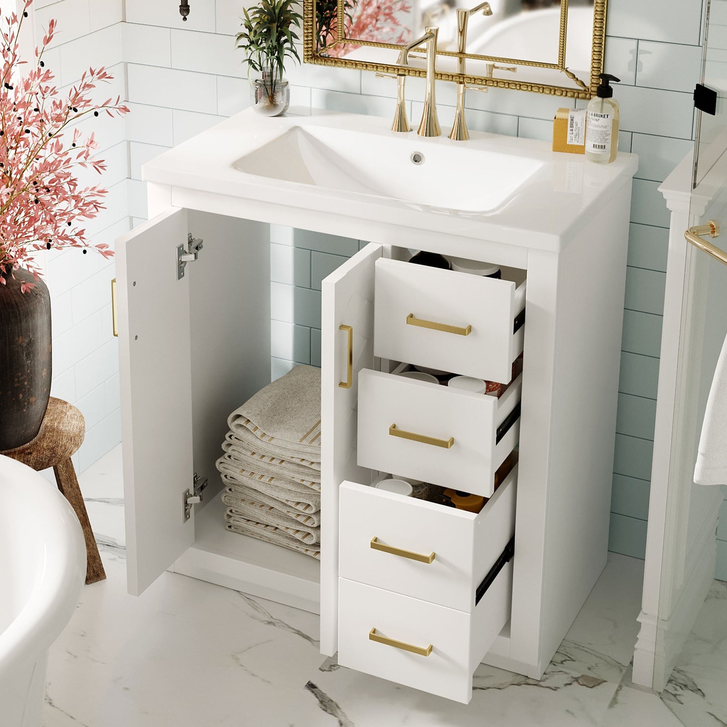VanityFus 30-in White Bathroom Vanity Single Sink Combo with Ceramic Top Undermount 2 Soft Close Doors 3 Drawers