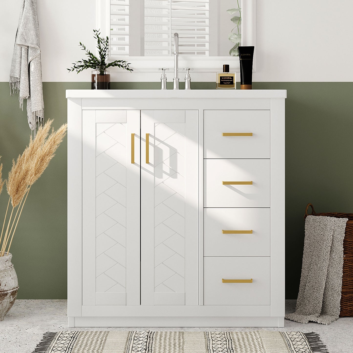 VanityFus 30-in White Bathroom Vanity Single Sink Combo with Ceramic Top Undermount 2 Soft Close Doors 3 Drawers
