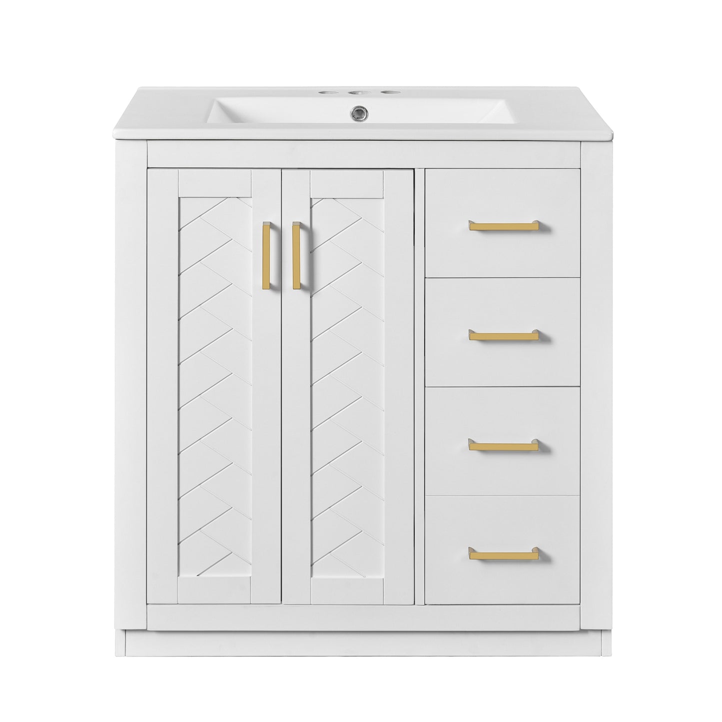 VanityFus 30-in White Bathroom Vanity Single Sink Combo with Ceramic Top Undermount 2 Soft Close Doors 3 Drawers