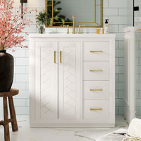 VanityFus 30-in White Bathroom Vanity Single Sink Combo with Ceramic Top Undermount 2 Soft Close Doors 3 Drawers