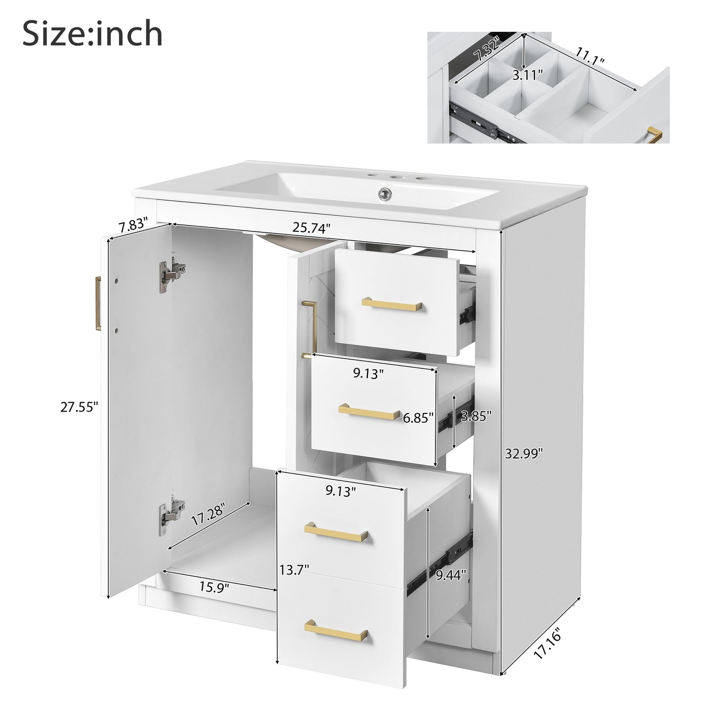 VanityFus 30-in White Bathroom Vanity Single Sink Combo with Ceramic Top Undermount 2 Soft Close Doors 3 Drawers