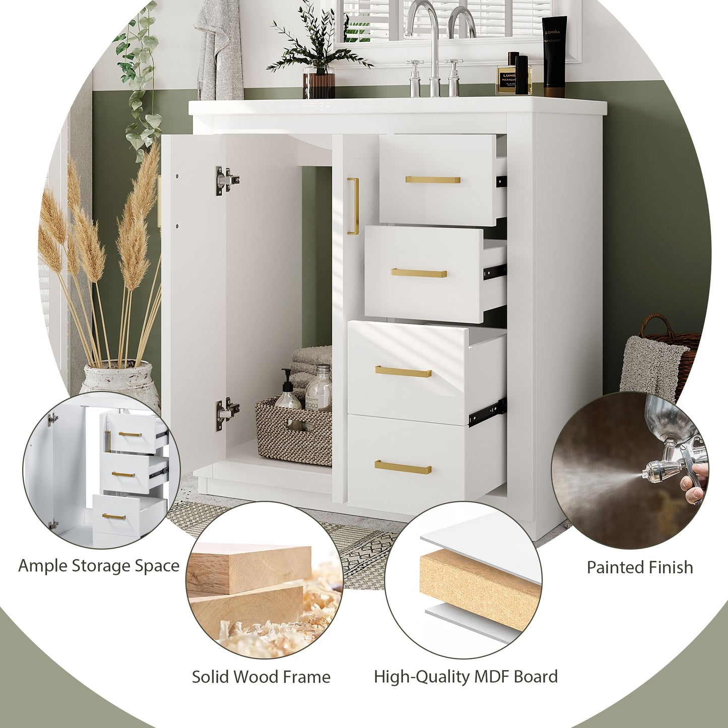 VanityFus 30-in White Bathroom Vanity Single Sink Combo with Ceramic Top Undermount 2 Soft Close Doors 3 Drawers