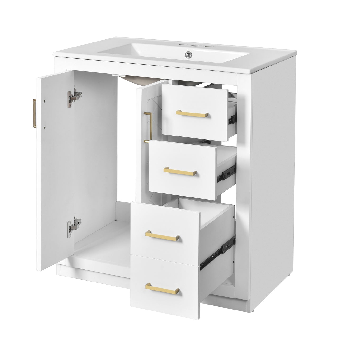 VanityFus 30-in White Bathroom Vanity Single Sink Combo with Ceramic Top Undermount 2 Soft Close Doors 3 Drawers