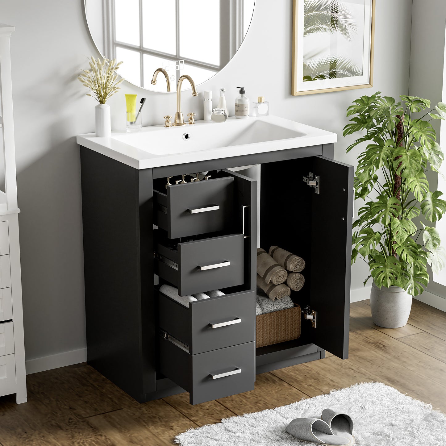 VanityFus 30-in Black Bathroom Vanity Single Sink Combo with Ceramic Top Undermount 2 Soft Close Doors 3 Drawers