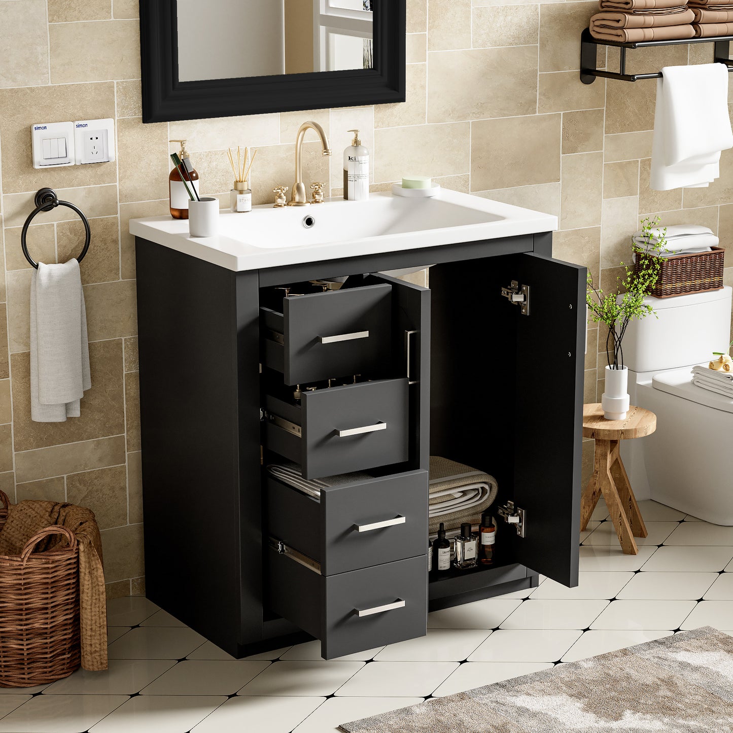 VanityFus 30-in Black Bathroom Vanity Single Sink Combo with Ceramic Top Undermount 2 Soft Close Doors 3 Drawers
