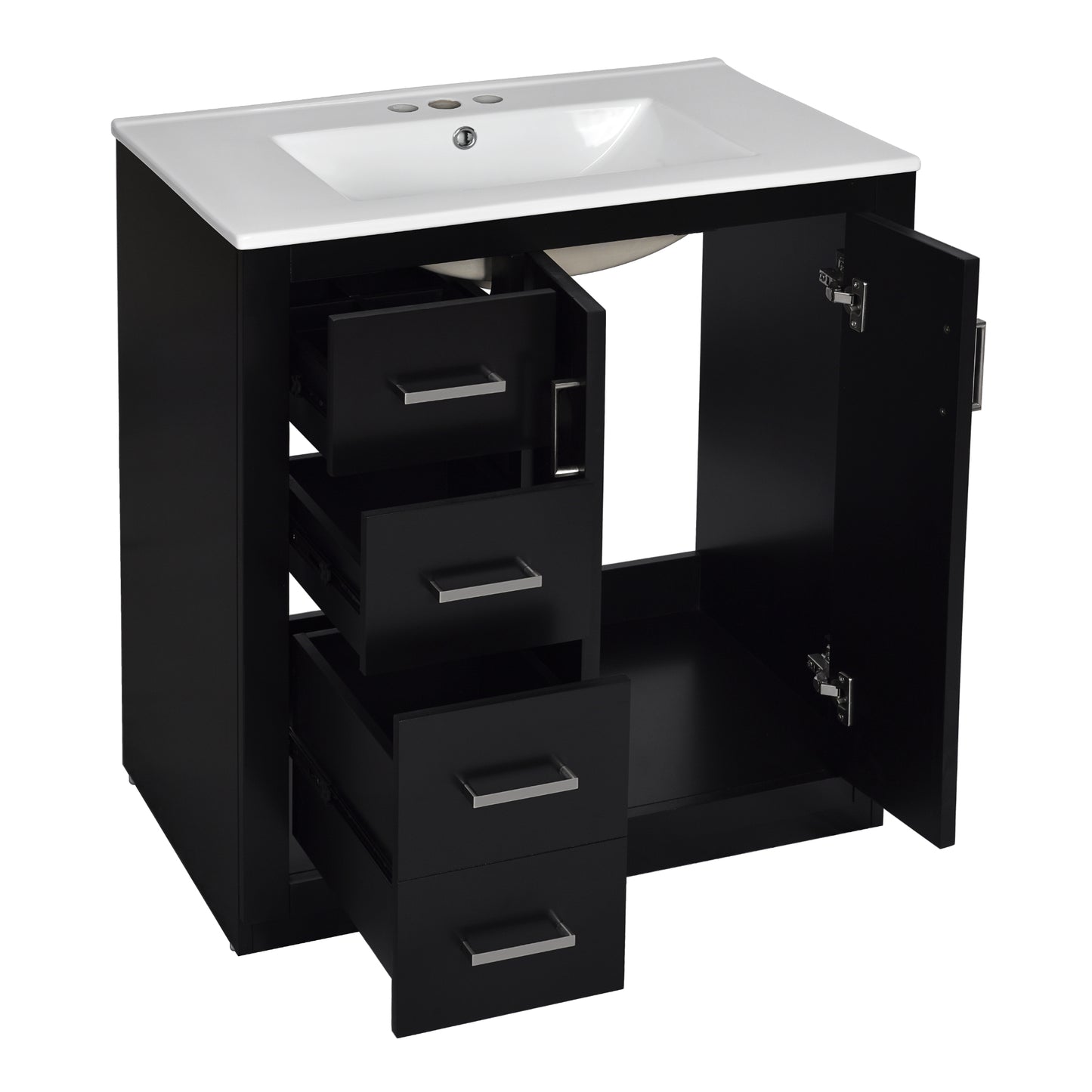 VanityFus 30-in Black Bathroom Vanity Single Sink Combo with Ceramic Top Undermount 2 Soft Close Doors 3 Drawers