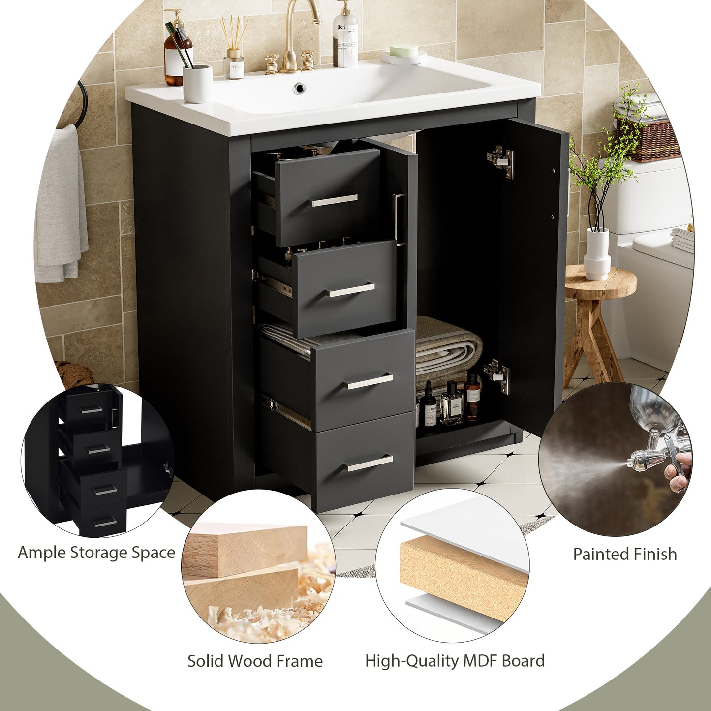 VanityFus 30-in Black Bathroom Vanity Single Sink Combo with Ceramic Top Undermount 2 Soft Close Doors 3 Drawers