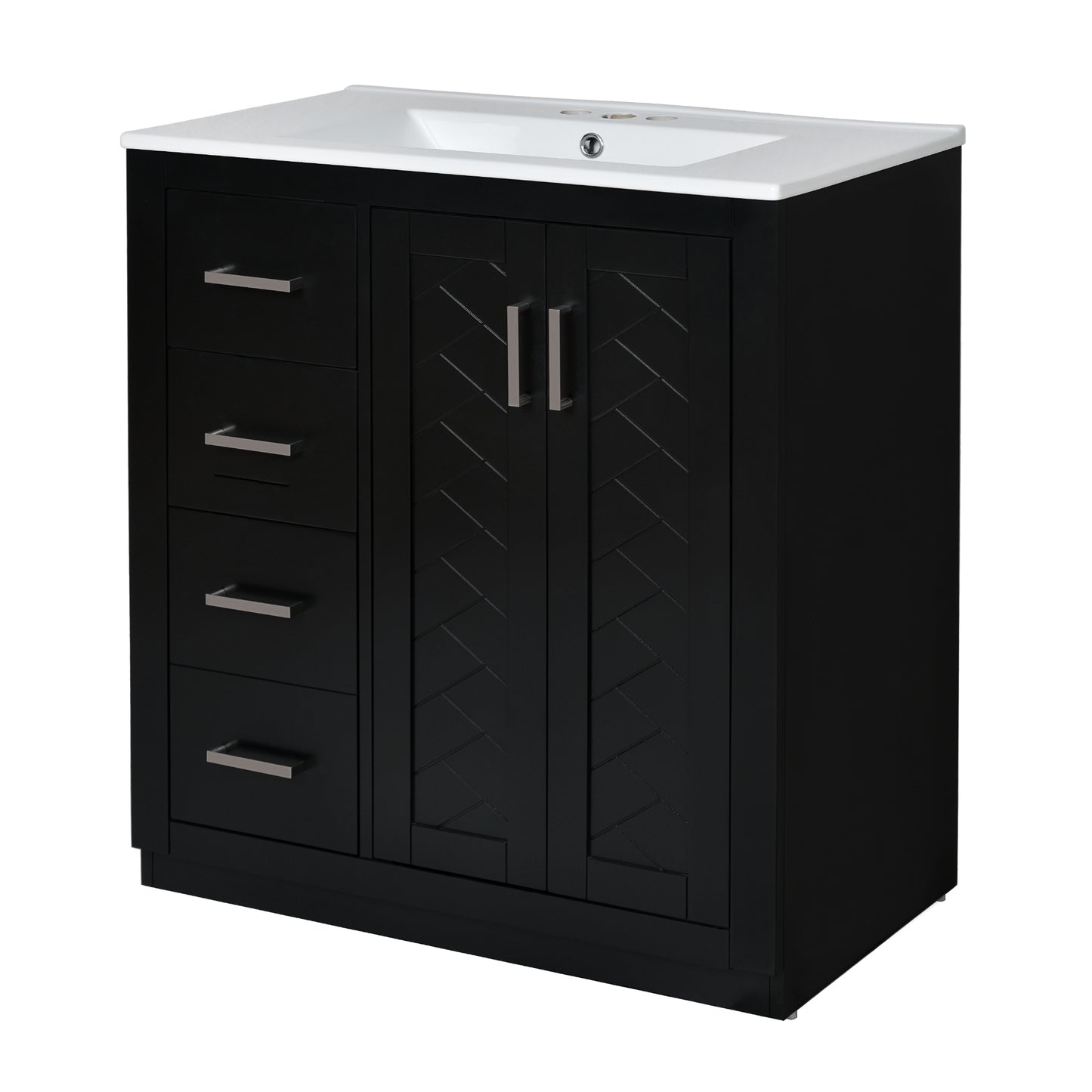 VanityFus 30-in Black Bathroom Vanity Single Sink Combo with Ceramic Top Undermount 2 Soft Close Doors 3 Drawers