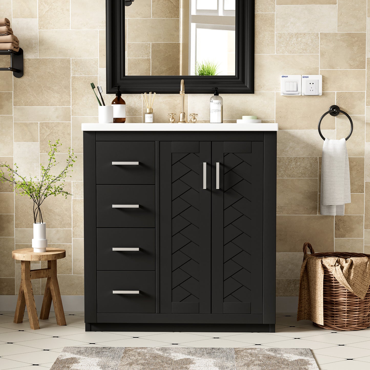 VanityFus 30-in Black Bathroom Vanity Single Sink Combo with Ceramic Top Undermount 2 Soft Close Doors 3 Drawers