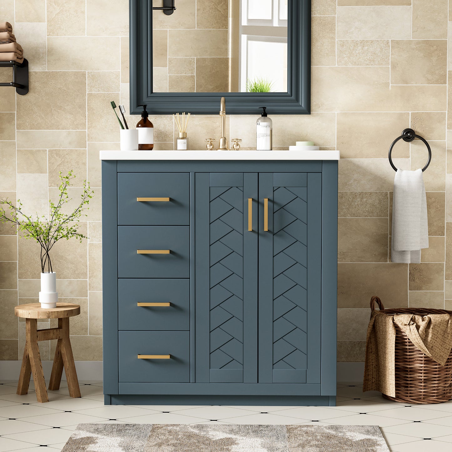 VanityFus 30-in Blue Bathroom Vanity Single Sink Combo with Ceramic Top Undermount 2 Soft Close Doors 3 Drawers