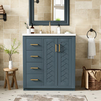 VanityFus 30-in Blue Bathroom Vanity Single Sink Combo with Ceramic Top Undermount 2 Soft Close Doors 3 Drawers