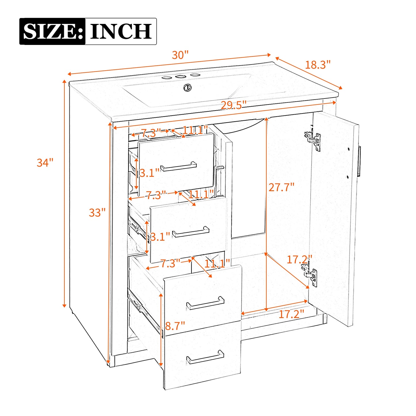 VanityFus 30-in Blue Bathroom Vanity Single Sink Combo with Ceramic Top Undermount 2 Soft Close Doors 3 Drawers