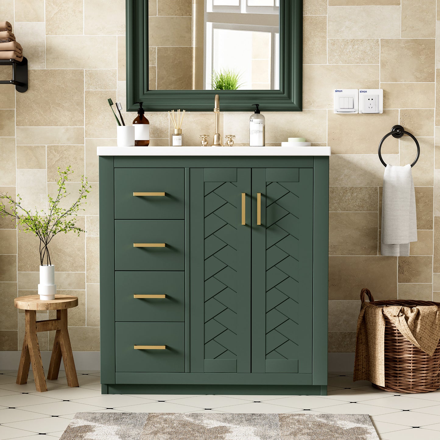 VanityFus 30-in Green Bathroom Vanity Single Sink Combo with Ceramic Top Undermount 2 Soft Close Doors 3 Drawers