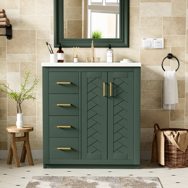 VanityFus 30-in Green Bathroom Vanity Single Sink Combo with Ceramic Top Undermount 2 Soft Close Doors 3 Drawers
