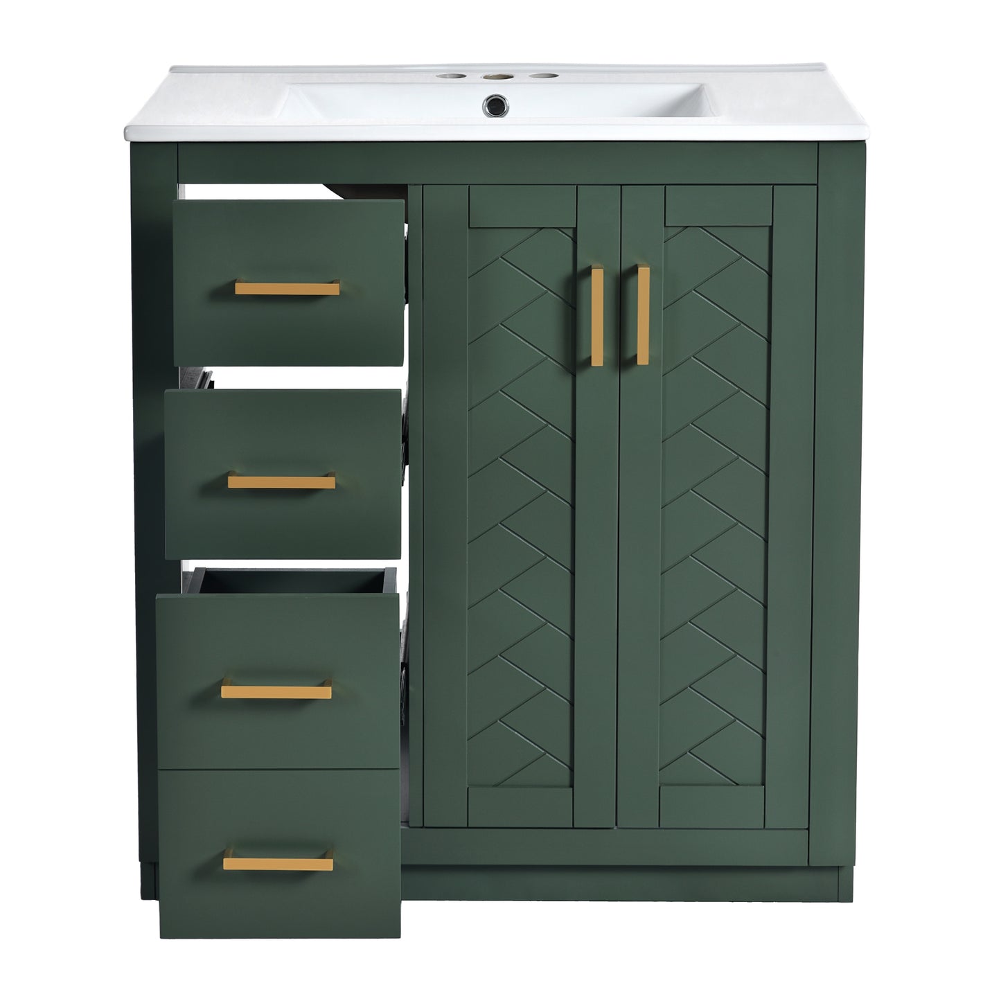 VanityFus 30-in Green Bathroom Vanity Single Sink Combo with Ceramic Top Undermount 2 Soft Close Doors 3 Drawers
