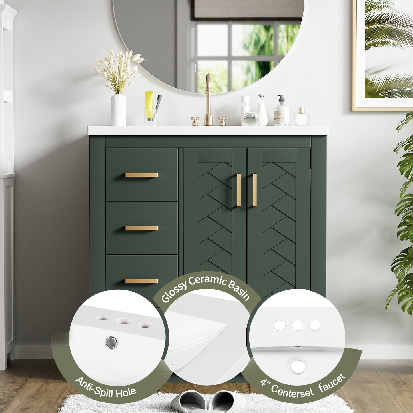 VanityFus 30-in Green Bathroom Vanity Single Sink Combo with Ceramic Top Undermount 2 Soft Close Doors 3 Drawers