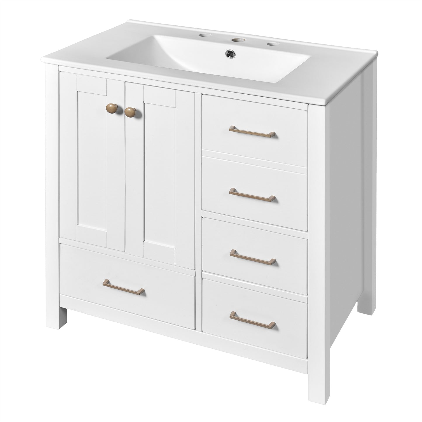 VanityFus 30-in White Bathroom Vanity Single Sink Combo with Ceramic Top Undermount 2 Soft Close Doors 4 Drawers