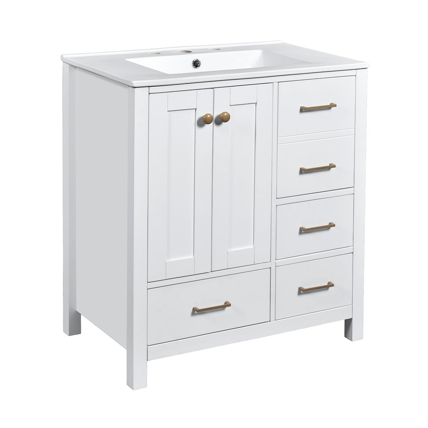 VanityFus 30-in White Bathroom Vanity Single Sink Combo with Ceramic Top Undermount 2 Soft Close Doors 4 Drawers