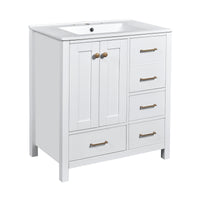 VanityFus 30-in White Bathroom Vanity Single Sink Combo with Ceramic Top Undermount 2 Soft Close Doors 4 Drawers