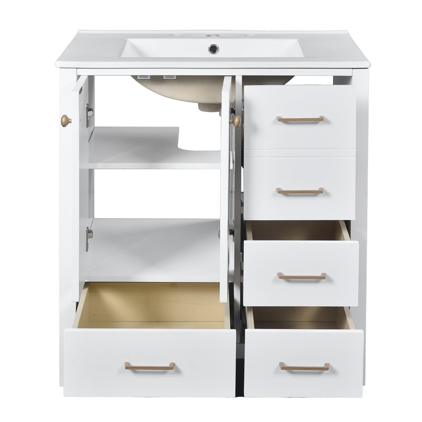 VanityFus 30-in White Bathroom Vanity Single Sink Combo with Ceramic Top Undermount 2 Soft Close Doors 4 Drawers