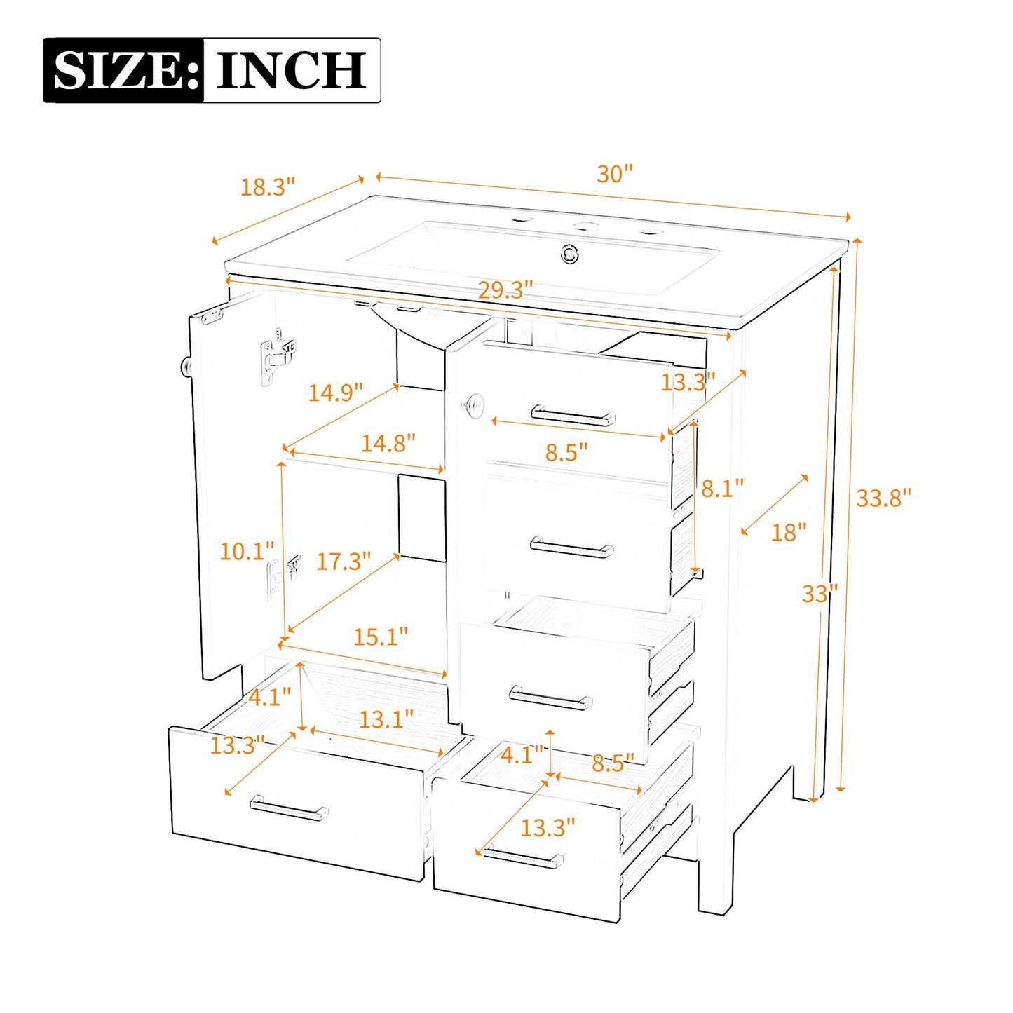 VanityFus 30-in White Bathroom Vanity Single Sink Combo with Ceramic Top Undermount 2 Soft Close Doors 4 Drawers