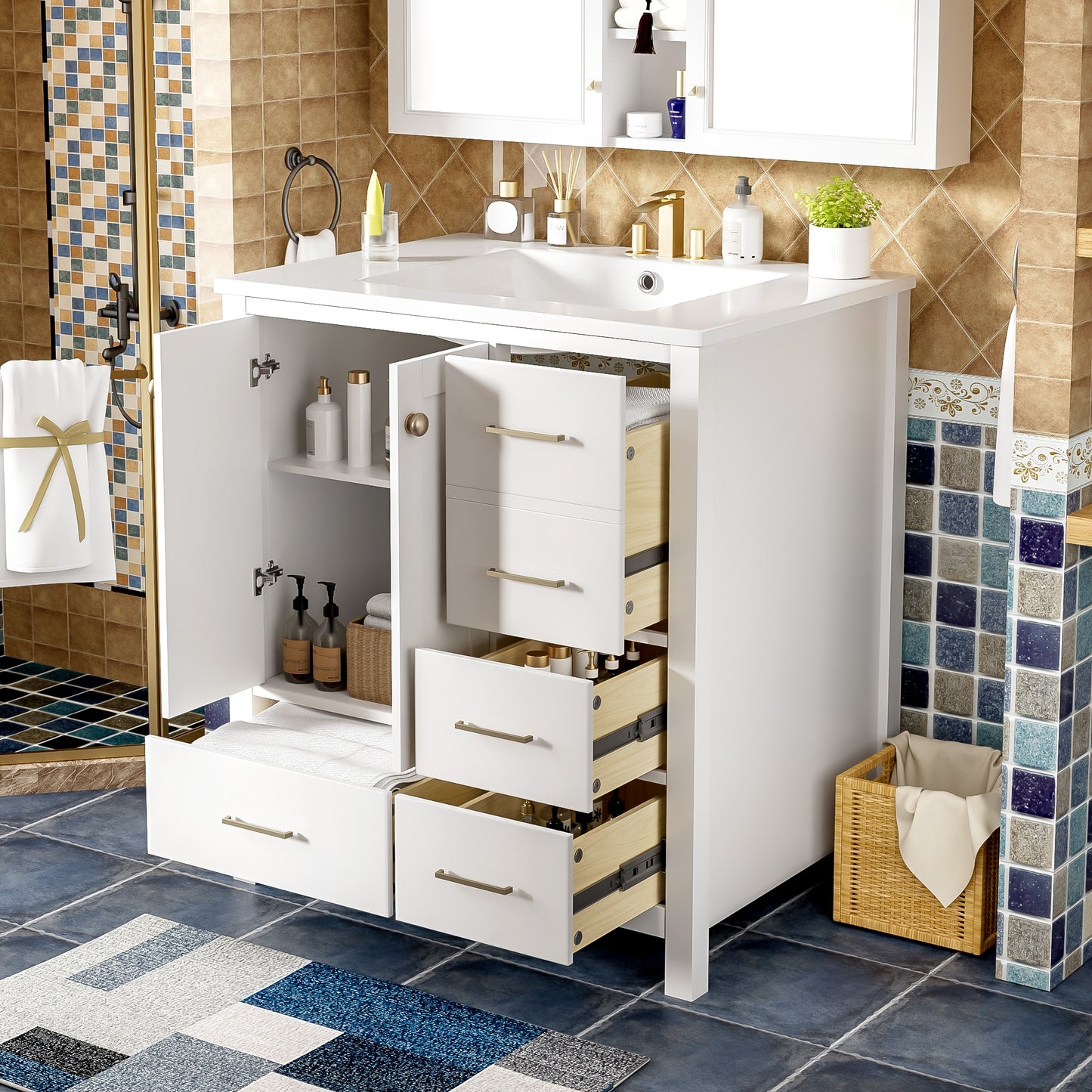 VanityFus 30-in White Bathroom Vanity Single Sink Combo with Ceramic Top Undermount 2 Soft Close Doors 4 Drawers