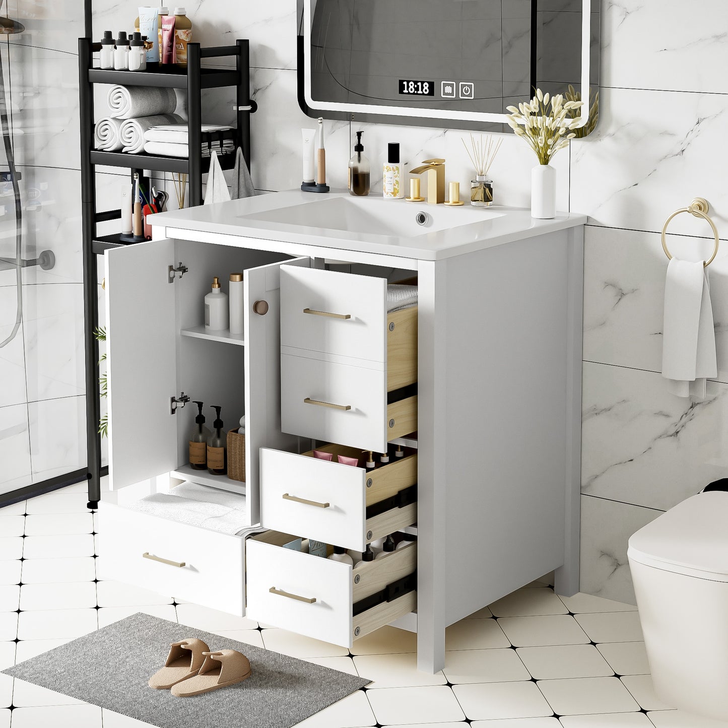 VanityFus 30-in White Bathroom Vanity Single Sink Combo with Ceramic Top Undermount 2 Soft Close Doors 4 Drawers