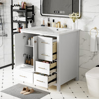VanityFus 30-in White Bathroom Vanity Single Sink Combo with Ceramic Top Undermount 2 Soft Close Doors 4 Drawers