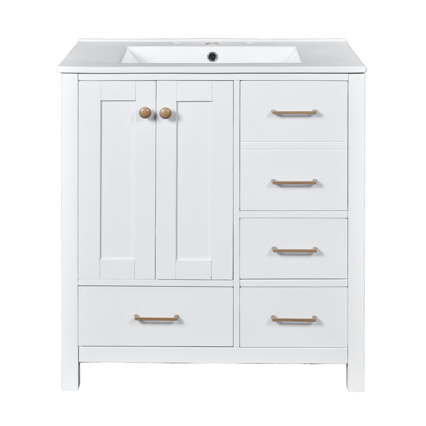VanityFus 30-in White Bathroom Vanity Single Sink Combo with Ceramic Top Undermount 2 Soft Close Doors 4 Drawers