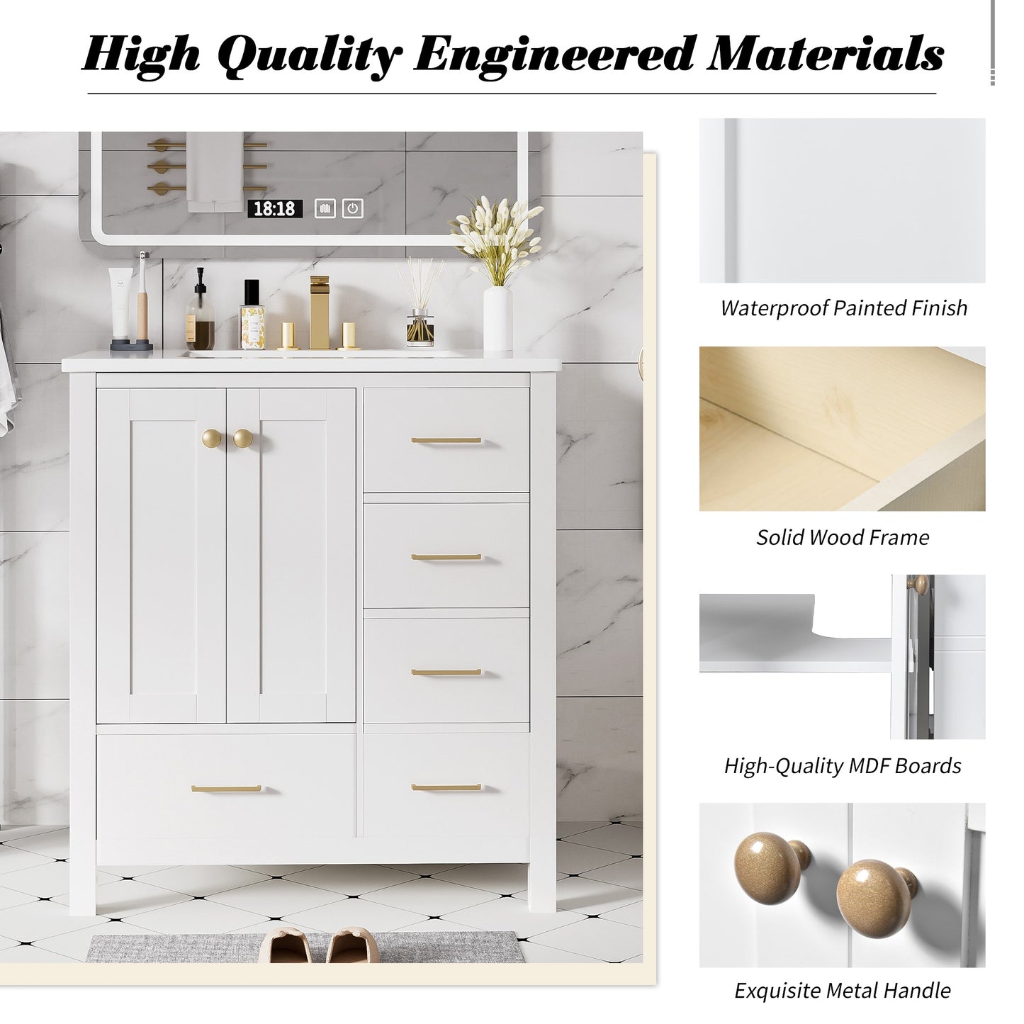 VanityFus 30-in White Bathroom Vanity Single Sink Combo with Ceramic Top Undermount 2 Soft Close Doors 4 Drawers