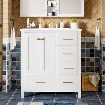 VanityFus 30-in White Bathroom Vanity Single Sink Combo with Ceramic Top Undermount 2 Soft Close Doors 4 Drawers