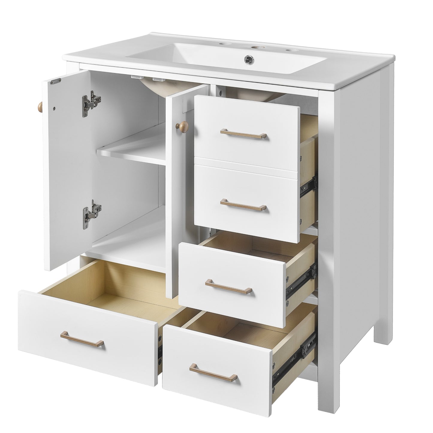 VanityFus 30-in White Bathroom Vanity Single Sink Combo with Ceramic Top Undermount 2 Soft Close Doors 4 Drawers