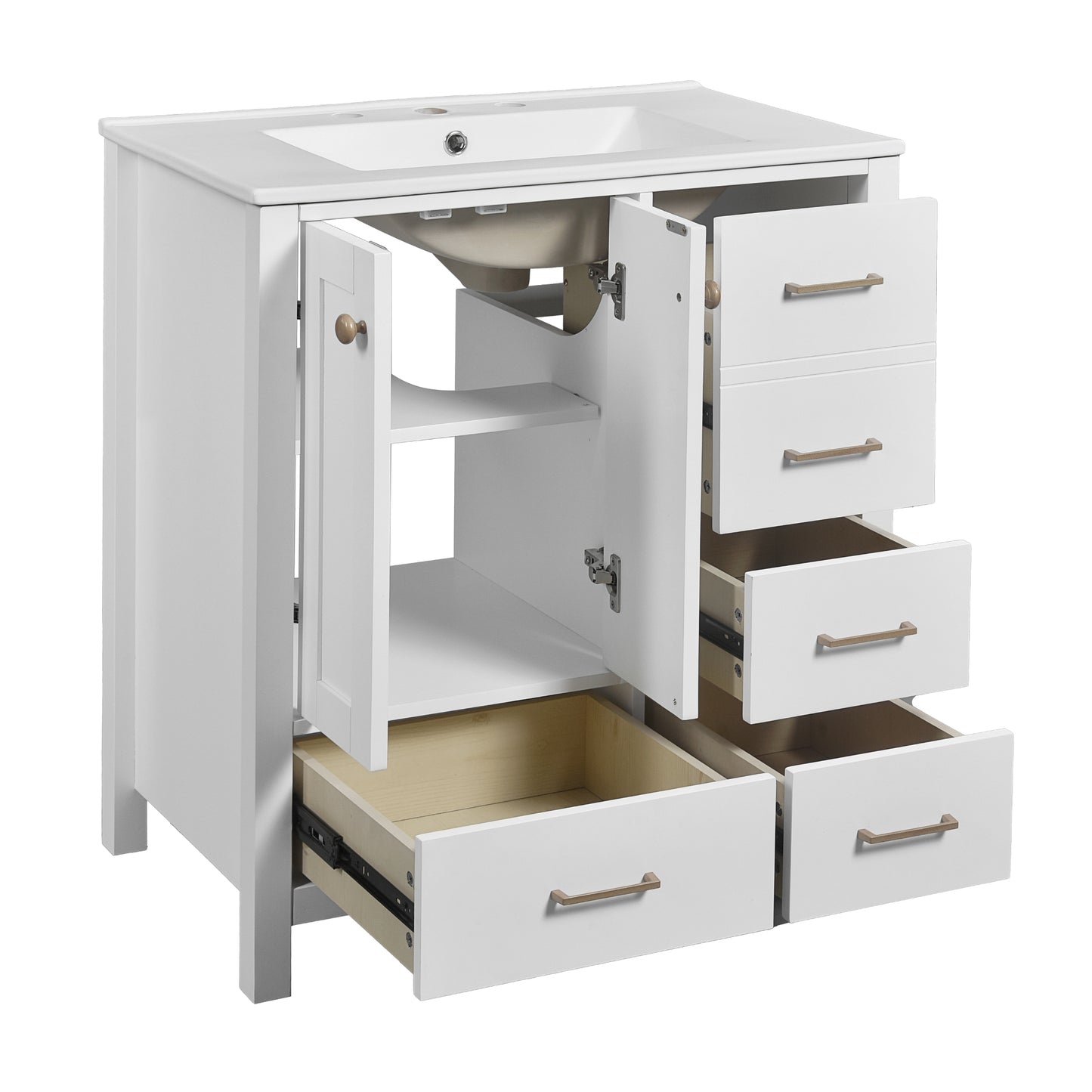 VanityFus 30-in White Bathroom Vanity Single Sink Combo with Ceramic Top Undermount 2 Soft Close Doors 4 Drawers