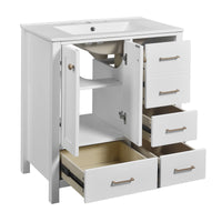 VanityFus 30-in White Bathroom Vanity Single Sink Combo with Ceramic Top Undermount 2 Soft Close Doors 4 Drawers