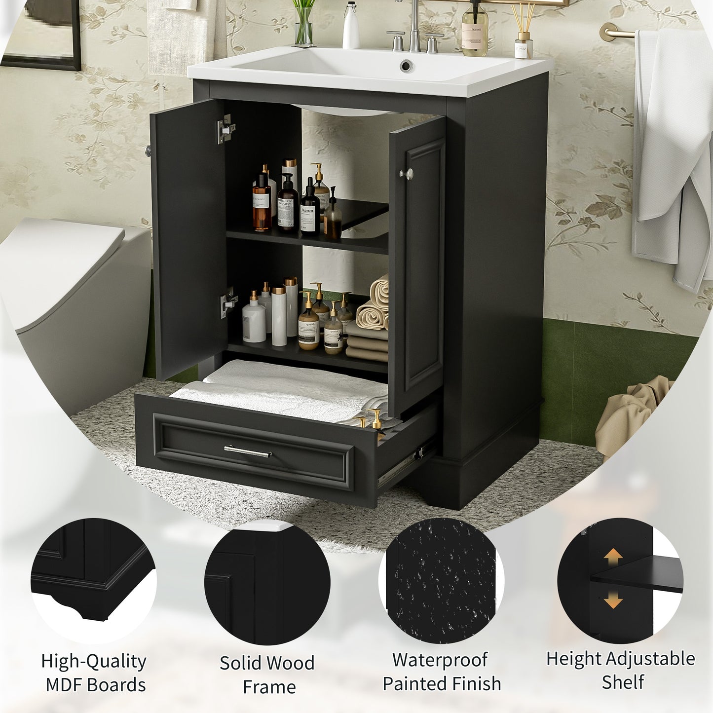 VanityFus 24.2-in Black Bathroom Vanity Single Sink Combo with Ceramic Top Undermount 2 Soft Close Doors 1 Drawer Adjustable Shelves