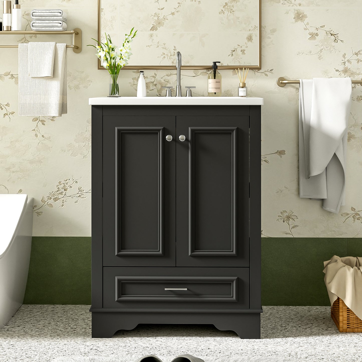 VanityFus 24.2-in Black Bathroom Vanity Single Sink Combo with Ceramic Top Undermount 2 Soft Close Doors 1 Drawer Adjustable Shelves