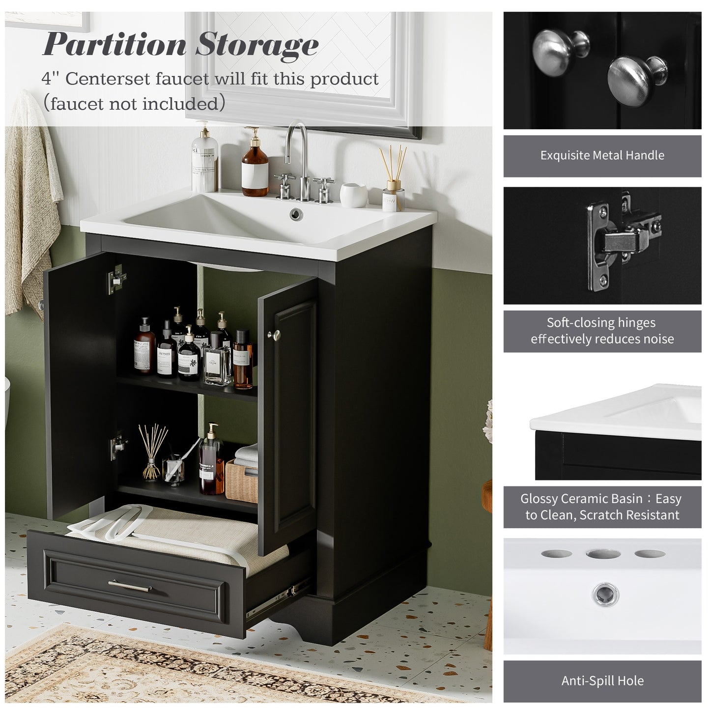 VanityFus 24.2-in Black Bathroom Vanity Single Sink Combo with Ceramic Top Undermount 2 Soft Close Doors 1 Drawer Adjustable Shelves