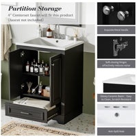 VanityFus 24.2-in Black Bathroom Vanity Single Sink Combo with Ceramic Top Undermount 2 Soft Close Doors 1 Drawer Adjustable Shelves