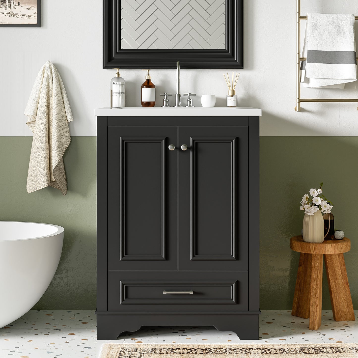 VanityFus 24.2-in Black Bathroom Vanity Single Sink Combo with Ceramic Top Undermount 2 Soft Close Doors 1 Drawer Adjustable Shelves