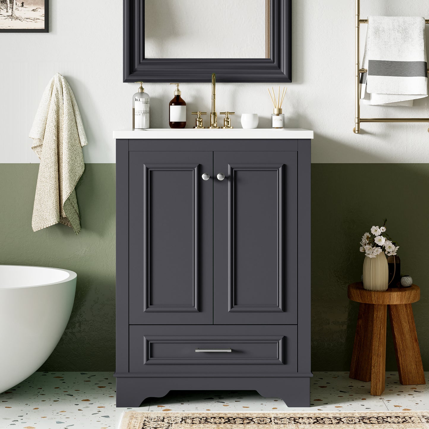 VanityFus 24.2-in Blue Gray Bathroom Vanity Single Sink Combo with Ceramic Top Undermount 2 Soft Close Doors 1 Drawer Adjustable Shelves