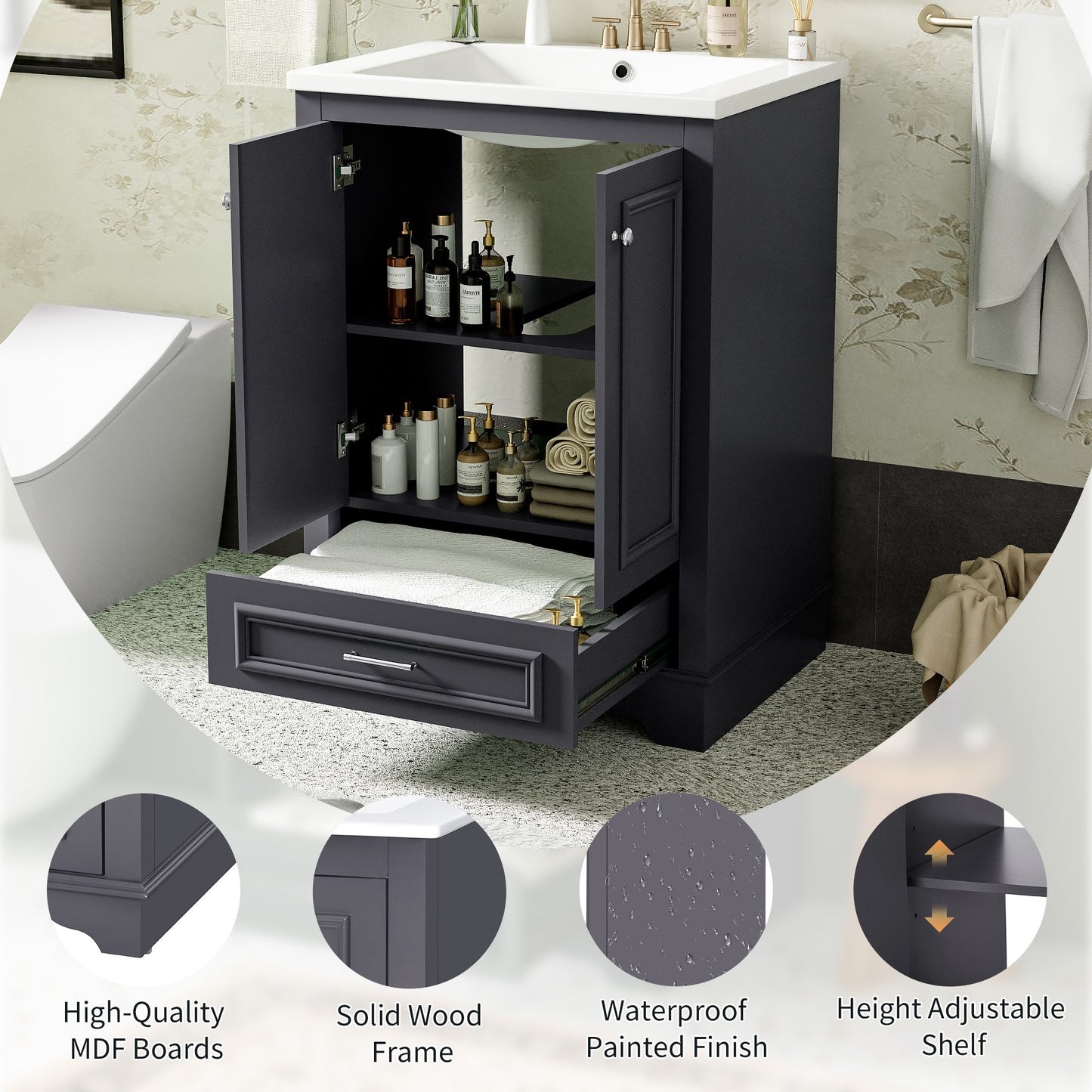 VanityFus 24.2-in Blue Gray Bathroom Vanity Single Sink Combo with Ceramic Top Undermount 2 Soft Close Doors 1 Drawer Adjustable Shelves