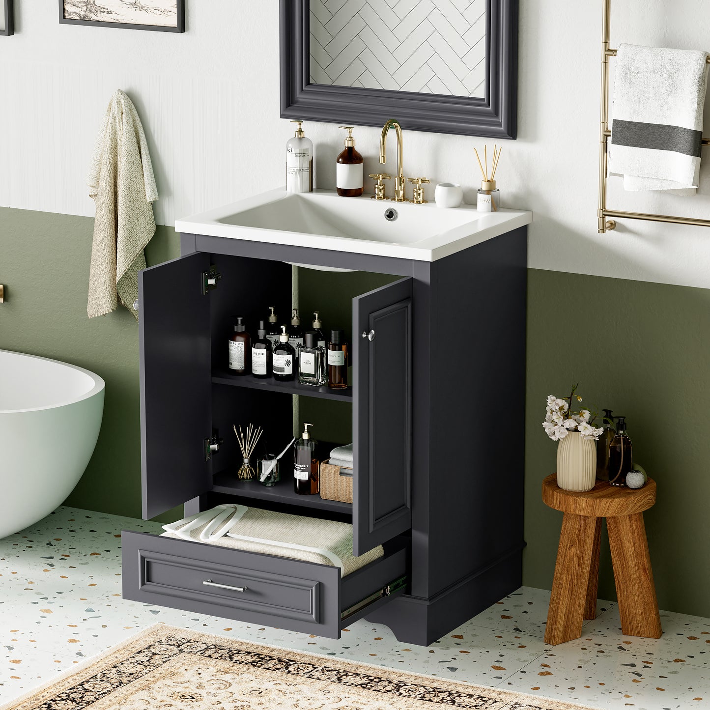 VanityFus 24.2-in Blue Gray Bathroom Vanity Single Sink Combo with Ceramic Top Undermount 2 Soft Close Doors 1 Drawer Adjustable Shelves