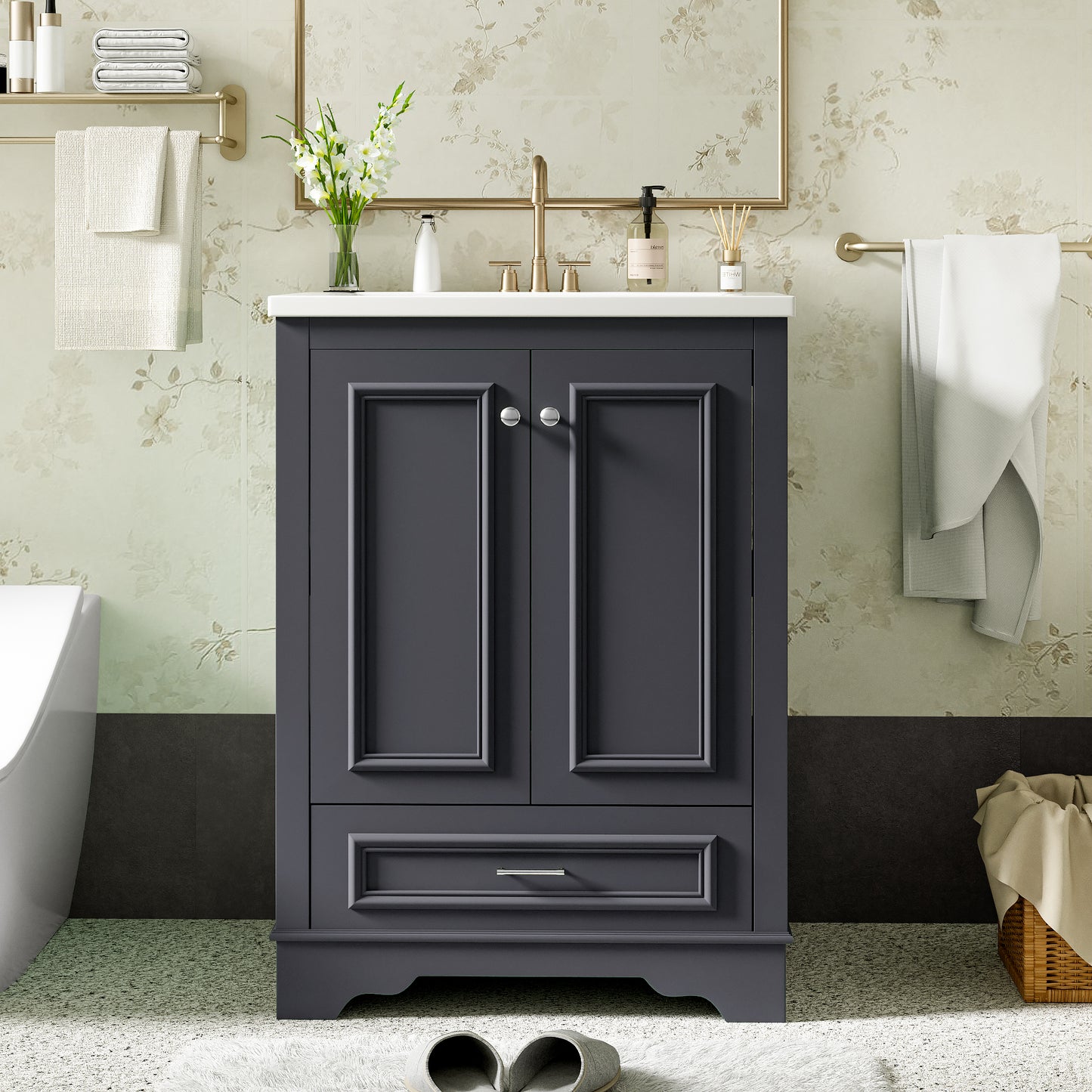 VanityFus 24.2-in Blue Gray Bathroom Vanity Single Sink Combo with Ceramic Top Undermount 2 Soft Close Doors 1 Drawer Adjustable Shelves